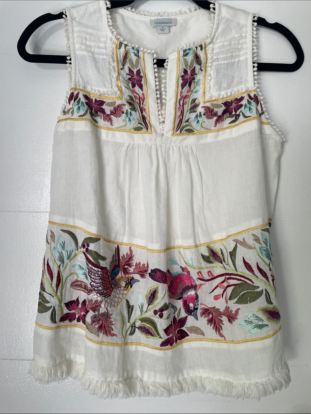 Sundance White Linen Tank Top with Multicolor Floral & Bird Embroidery
